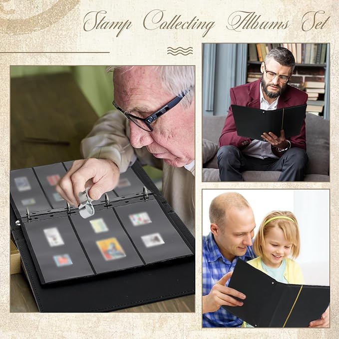 Stamp Collecting Album Binder Kit for Collectors, 1/2/3/4 Rows Banknotes Storage Book with 20 Stamp Pages, 4 Ring Binder, Tweezers and Magnifier, for Paper Money Bill Postage, Beginner Hobbyists Gift - Image 4