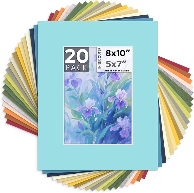 Mat Board Center 20 Pack 8x10 Picture Mat for 5x7 Photo Mixed Color | Fits 5x7, White Core, Acid Free, 4-Ply Thick, Photo, Art, Poster or Print Display by MatBoardCenter