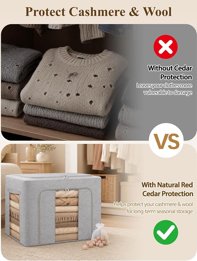 punemi 50L Cashmere Sweater Storage Bag with Cedar Balls, 1 Pack, Grey | Sturdy Steel Frame, Clear Window, for Cashmere, Wool Sweaters & Knitwear, Closet & Bedroom Storage - Image 4
