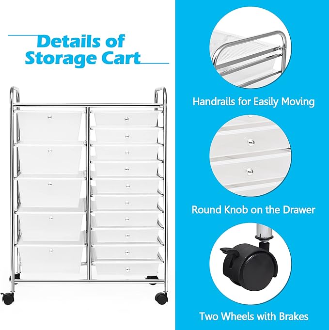 GOFLAME 15-Drawer Rolling Storage Cart, Craft Storage Cart with Removable Drawers & Lockable Wheels, Art Cart Supply Storage Organizer for Home Office Classroom, Clear - Image 5