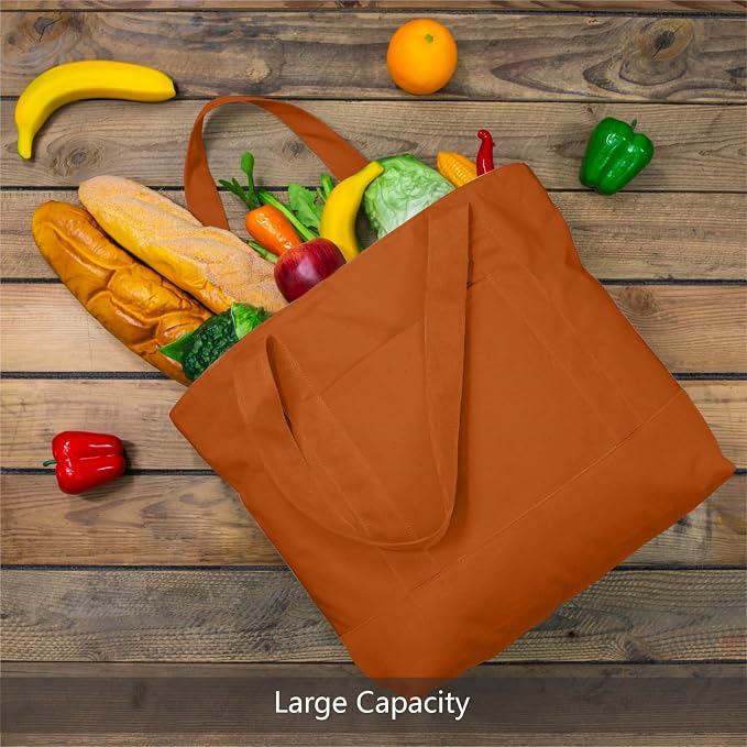TOPDesign 6-Pack Canvas Tote Bags with an External Pocket, Reusable Grocery Shopping Bags, Top Zipper Closure, Daily Essentials (Orange) - Image 3