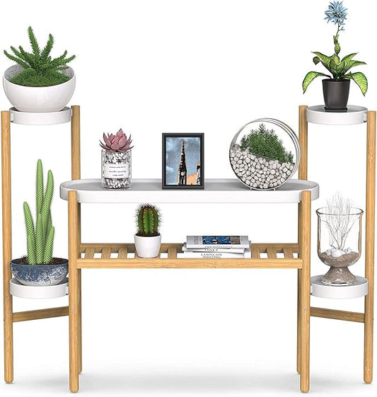 Wisuce Bamboo Plant Shelf Indoor, 3 Tier Tall Corner Plant Shelves Holder & Plant Display Rack for Outdoor Garden Indoor Home