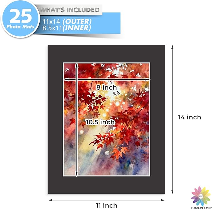 Mat Board Center 25 Pack 11x14 Picture Mat for 8.5x11 Photo Black | Fits 8.5x11, White Core, Acid Free, 4-Ply Thick, Photo, Art, Poster or Print Display - Image 3