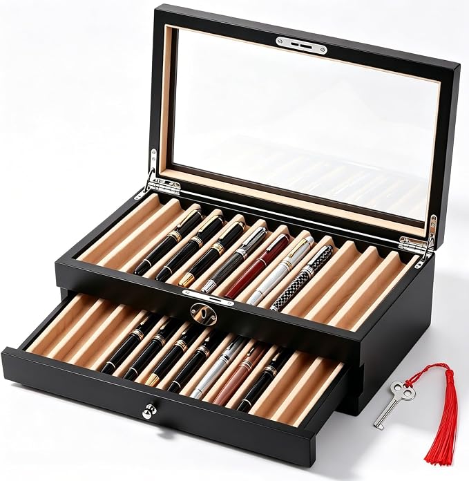 Silipull 24-Slot Fountain Pen Display Case, Key Lock, Black Finish, 2-Tier | Key-lock Top, Helps Limit Casual Access to Prized Pens, Glass Lid Displays Favorites, One Drawer Organizes 24 Pens by Silipull