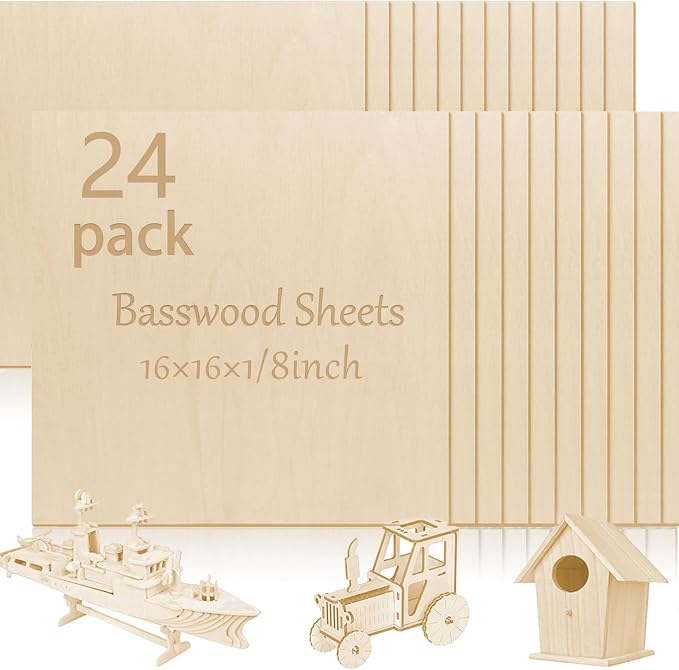 24 Pcs Basswood Sheets Plywood, 16 x 16 x 1/8 Inch - 3mm Thick Unfinished Wood Board for Crafts for Laser Cutting & Engraving, School DIY Projects, Painting, Fretwork, CNC Cutting, Wood Burning 24 Pcs by Vemkyrio