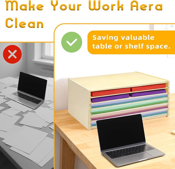Construction Paper Organizer 20" x 13", 6-Tier Paper Storage Rack,Wooden Papers Storage Shelf for 12" x 18" and 9" x 12" Size Papers,Desk Organizer for Home Office - Image 5