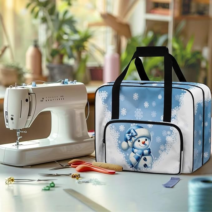 Sewing Machine Carrying Case Universal Appliance Dust Storage Bag Spacious Sewing Machine Accessories Organizer Bag Portable Travel Tote Bag, Snowman Snowflake Blue White - Image 4