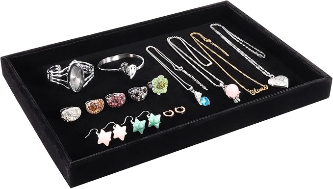 4 Pcs 13.8"x9.5" Velvet Jewelry Tray Jewelry Display Tray Stackable Plate | Jewelry Organizer Trays for Earrings Necklaces Bracelet Rings Display Showcase - Black - Image 4