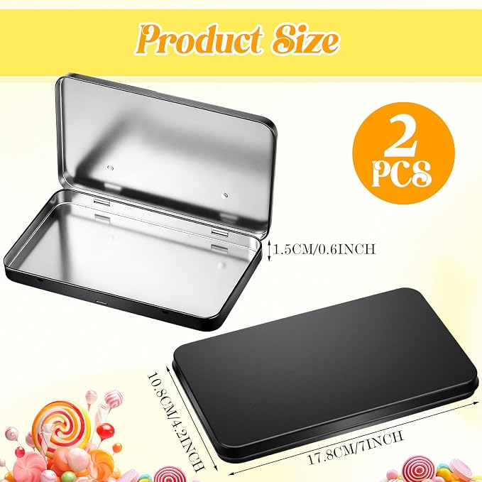 Geiserailie 2 Pack Metal Tin Boxes with Hinged Lids, Rectangular,Black | Empty Storage for Watercolor Paint, Jewelry, Pencil Case, Candy, 7.0x4.2x0.6 Inch Rectangular Craft Organizer Tin - Image 2