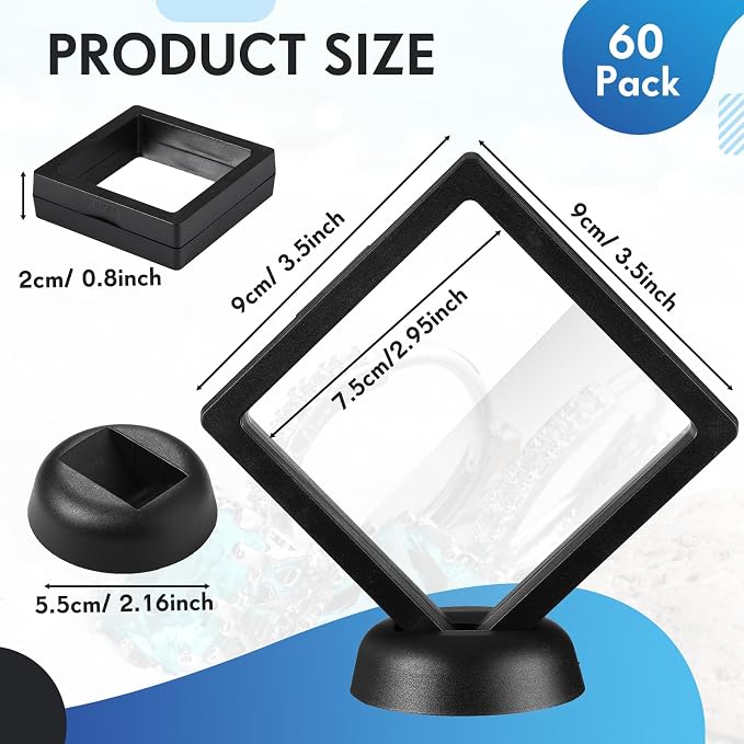60 Pcs 3D Floating Display Case PE Film Jewelry Storage Box Coins Display Frame Holder Stands for Antique Challenge Coins, Medallion Shells Gems Rocks Pins (Black,3.5 Inch) - Image 2