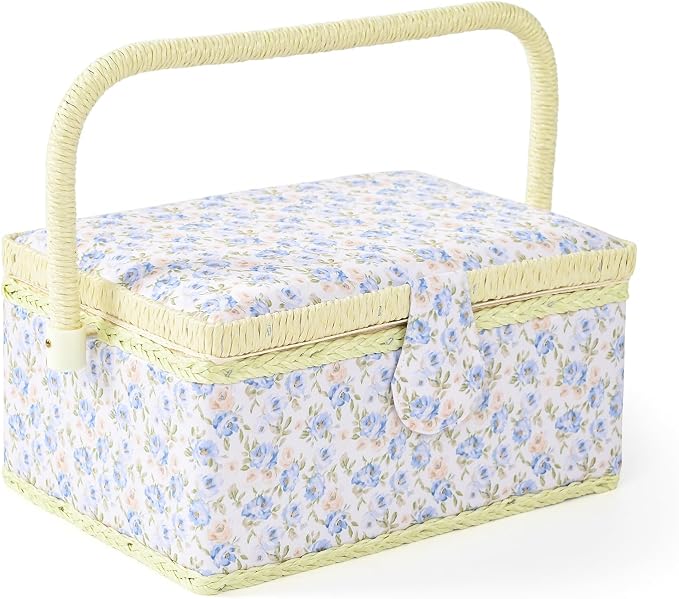 Sewing Basket with Sewing Supplies, Medium Sewing Box for Accessories Storage, Yellow Blue Flower by NOTIONSLAND