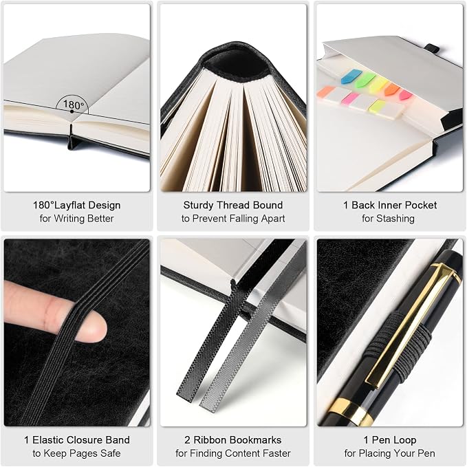 5 Pack College Ruled Notebook Bulk, A5, 312 Numbered Page Thick Journal Set | Cost-Effective 5 Pack 1600 Pages Total, 100gsm No Bleed Paper, Leather Hardcover, Lay-Flat, for Writing, Work, Employee Gifts - Image 3
