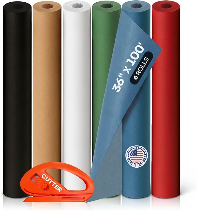 Assorted Colors Kraft Paper with Cutter, Set of 6 Rolls 36" x 1200"(100 ft) | USA-Made Natural Multi-Color Paper for Gift Wrapping, Kids' Arts & Crafts, School & DIY Projects by IDL Packaging by IDLPackaging