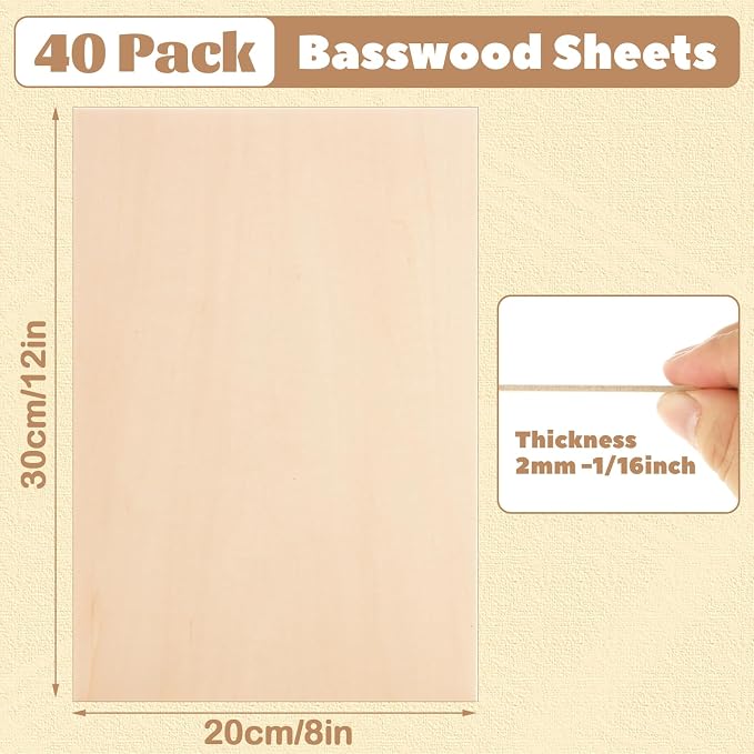 MIVIDE 40 Pack Basswood Sheets, 8"x12" Craft Plywood Sheets, 2mm Basswood for Laser Cutting, Plywood Board Unfinished Wood for Crafts DIY Ornaments and Models Engraving Drawing - Image 2