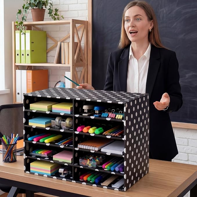 Eaasty 2 Pack 10 Slot Paper Storage Organizer, Back to School Construction Paper Holder for Office, Home, and School Use, 20.5 x 12.4 x 13.3 Inches(Polka Dots,Black) - Image 4