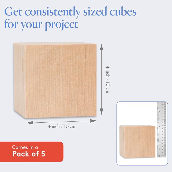 DIY Wood Cubes 4-inch, Pack of 5 Large Blank Wooden Blocks, STEM, Monitor Riser, Photo Cube, and Home Decor, by Woodpeckers - Image 4