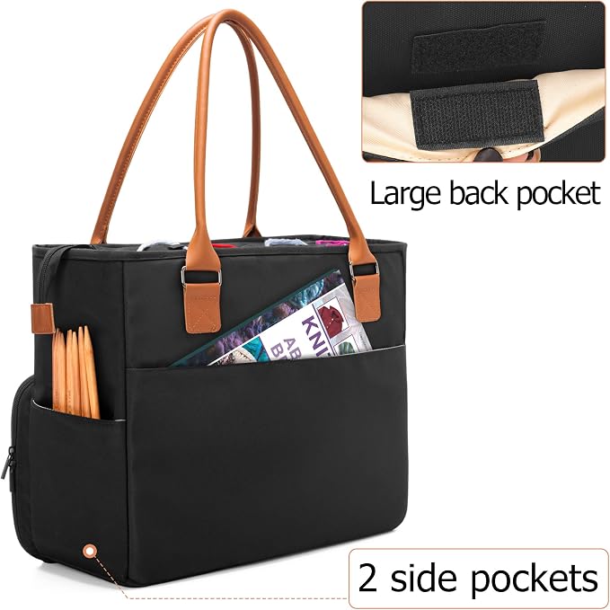 Yarwo Large Knitting Tote Bag with Crochet Hook & Needles Organizer Pockets | Yarn Storage Bag for WIP Projects, 14” Knitting Needles, Yarn Skeins, 4 Yarn Holes, Christmas & New Beginning Gifts for Women - Image 5