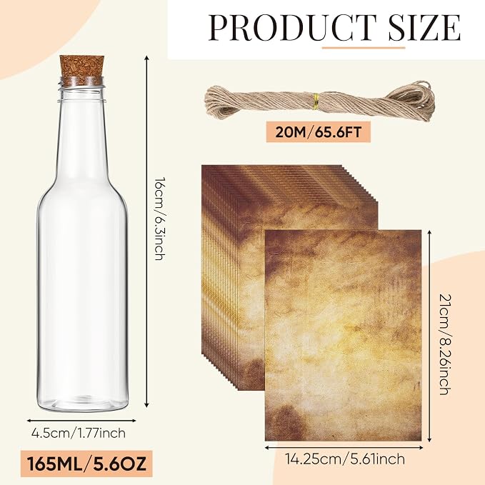 Baderke 48 Pcs 5.6 oz Message Bottles with Letter Printer Paper Plastic Bottles & Corks Twines for Message Invitations Birthday Wedding Baby Shower DIY Crafts Gift Party Favors (Vintage) - Image 2