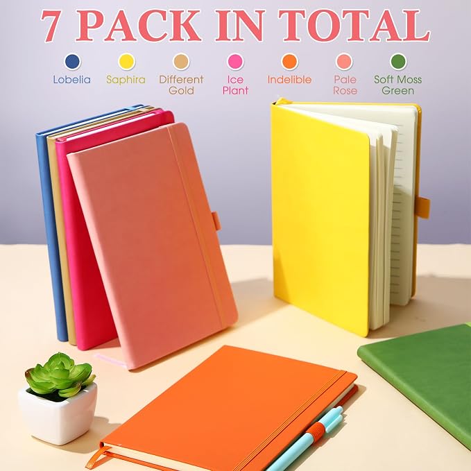 Laumoi 7 Pack Hardcover Lined Journal Notebooks Bulk,Fashion Color,A5 | PU Leather Journaling, Wide Ruled, with Pen Holder, for Office Business Work Writing - Image 4