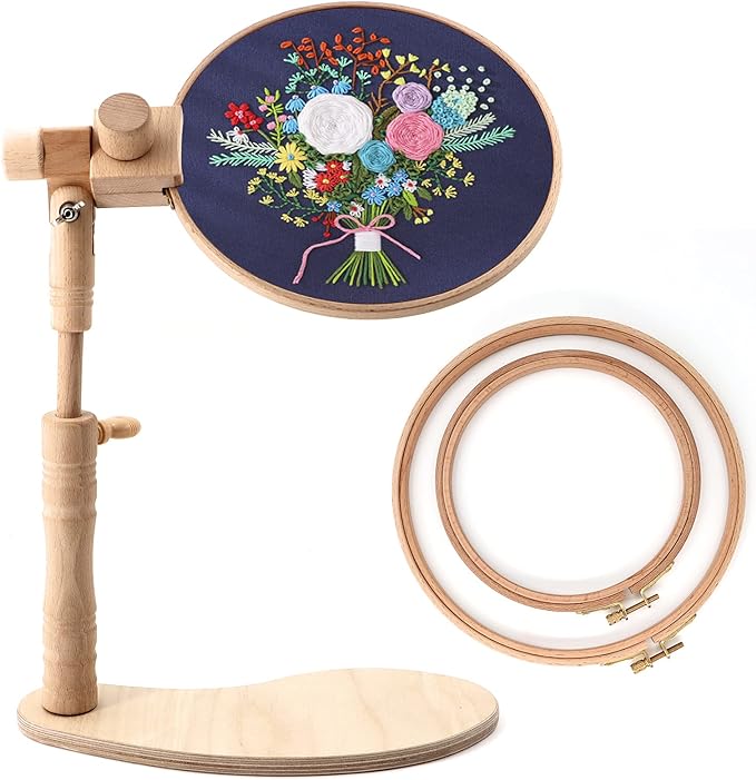 ZOCONE Beech Wood Embroidery Hoop Stand with 2 Pcs 6'' 8'' Embroidery Hoops | Natural Wooden Adjustable Rotated Embroidery Stand, Embroidery Hoop Holder for Cross Stitch and Embroidery Project by ZOCONE