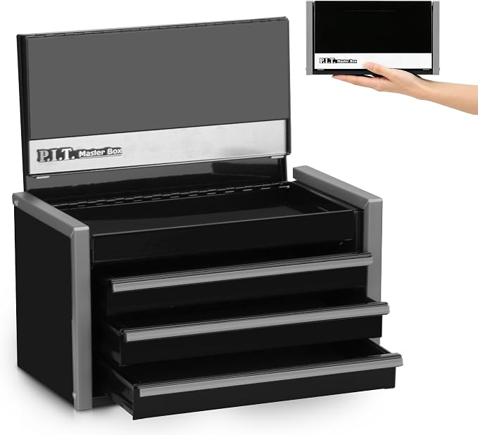 P.I.T. Mini Tool Box,3 Drawers Small Metal Toolbox for Tools Storage,Black | 8.6"W X 4.6"D Cute Size,Q235 Steel,Magnetic Tab Locking,PVC Drawer Liners - Image 2