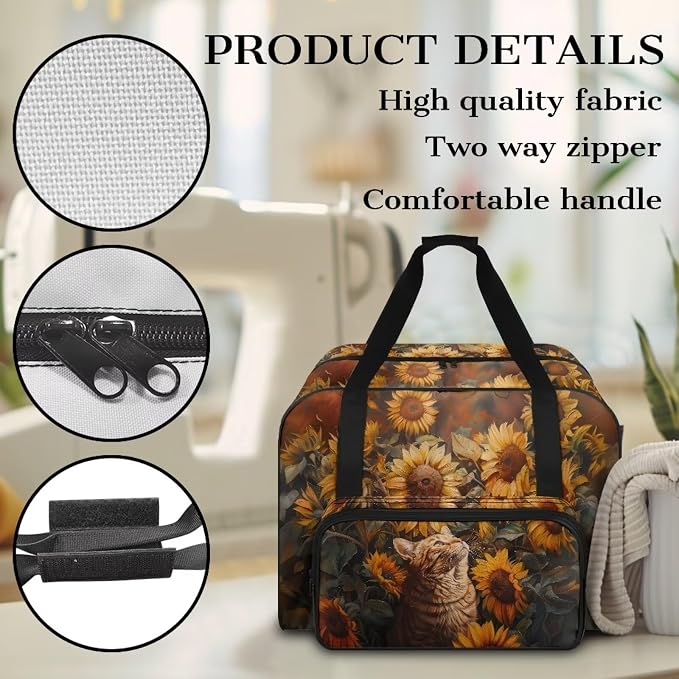 Sewing Machine Carrying Case Portable Travel Tote Bag Versatile Sewing Machine Dust Bag Universal Storage Bag for Most Standard Size Machine, Cat Sunflower - Image 5