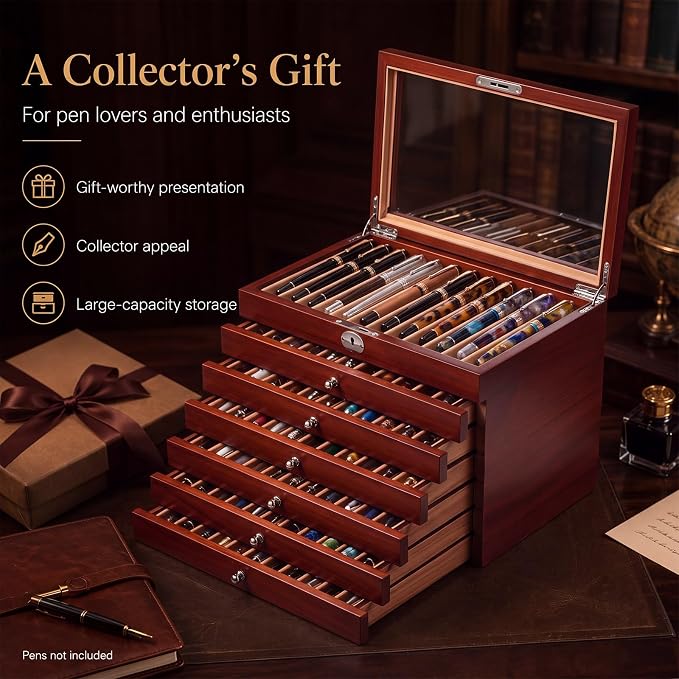 Silipull 78-Slot Fountain Pen Display Case, Key Lock, Cherry Finish, 7-Tier | Key-lock Top, Helps Limit Casual Access to Prized Pens, Glass Lid Displays Favorites, Six Drawers Organize 78 Pens. - Image 6