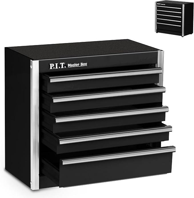 P.I.T. Mini Tool Box,Small Metal Toolbox Organizer with 5 Drawers,Black | 8.6"W X 4.6"D Cute Size,Q235 Steel,Magnetic Locking Mechanism,PVC Drawer Liners by PIT