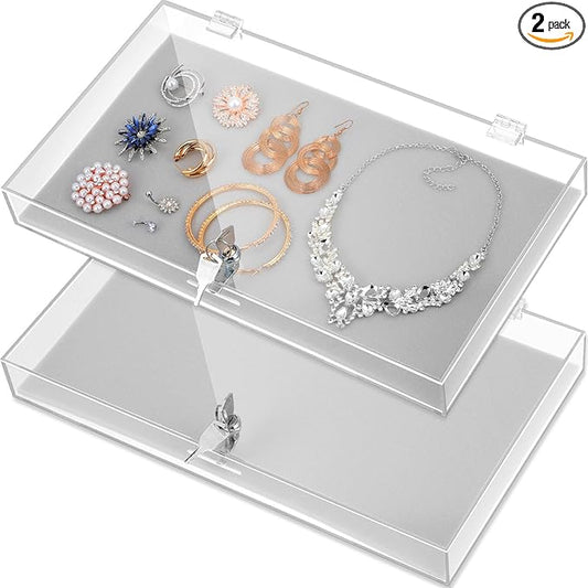 2 Pcs Acrylic Locking Jewelry Display Case Clear Ring Earring Necklace Bracelet Security Showcase with Lock and Key for Trade Show Retail Display (Gray)