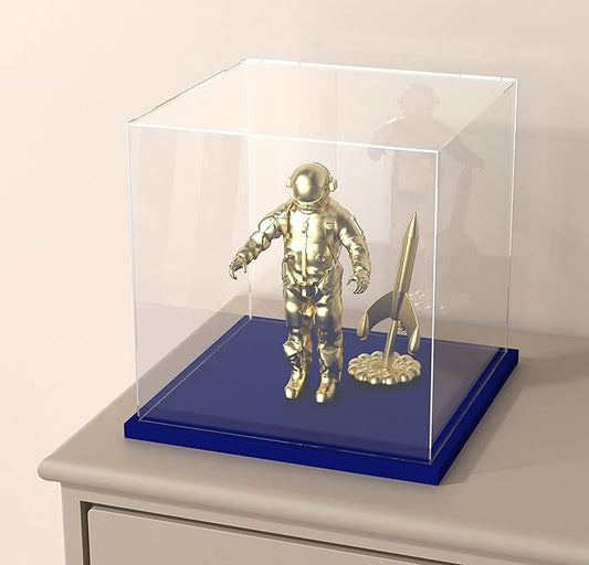 Clear Acrylic Display Case with Navy Blue Velvet Base, Simple Self-Assembly Dust-Proof Showcase, Cube Counter-Tops Box for Collectibles, Home Organization (6x6x6 inch)