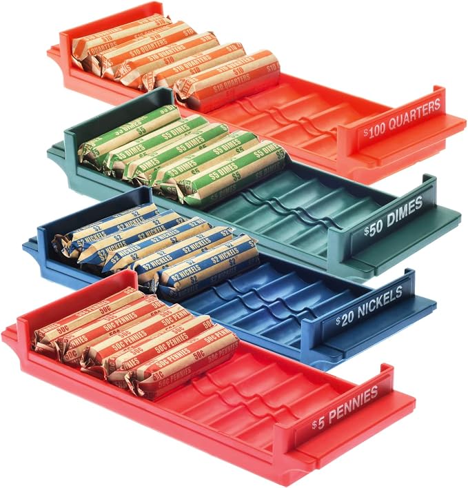 Nadex Rolled Coin Storage Organizer Tray Set with Ridges for Loose Coins | Quarters, Dimes, Nickles, and Penny Color Coded Trays by Nadex