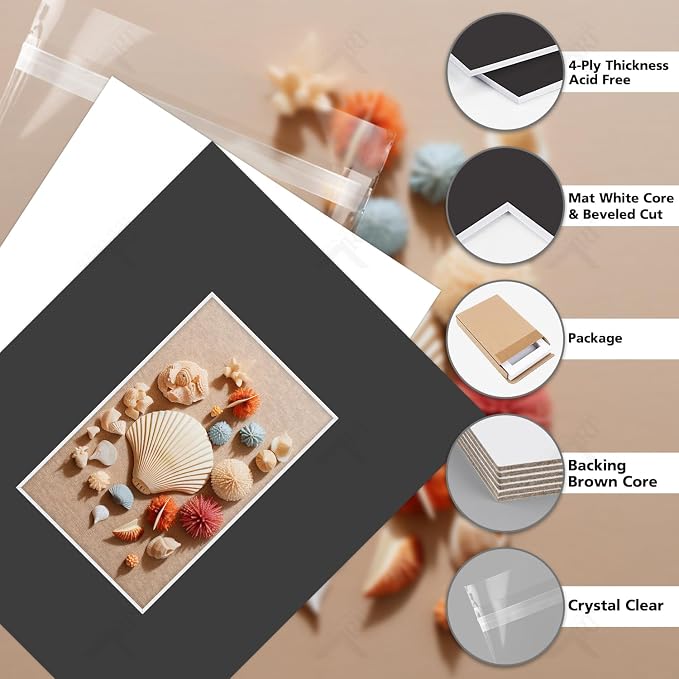 Golden State Art 5 Pack Black Mat 8x10 for 4x6 Photo Matte+Backings+Bags | Acid-Free,4-Ply Thick,Pre-Cut Kit Mattes,White Core,Bevel Cut,For Photos, Pictures,Artwork, Poster or Print Display - Image 3