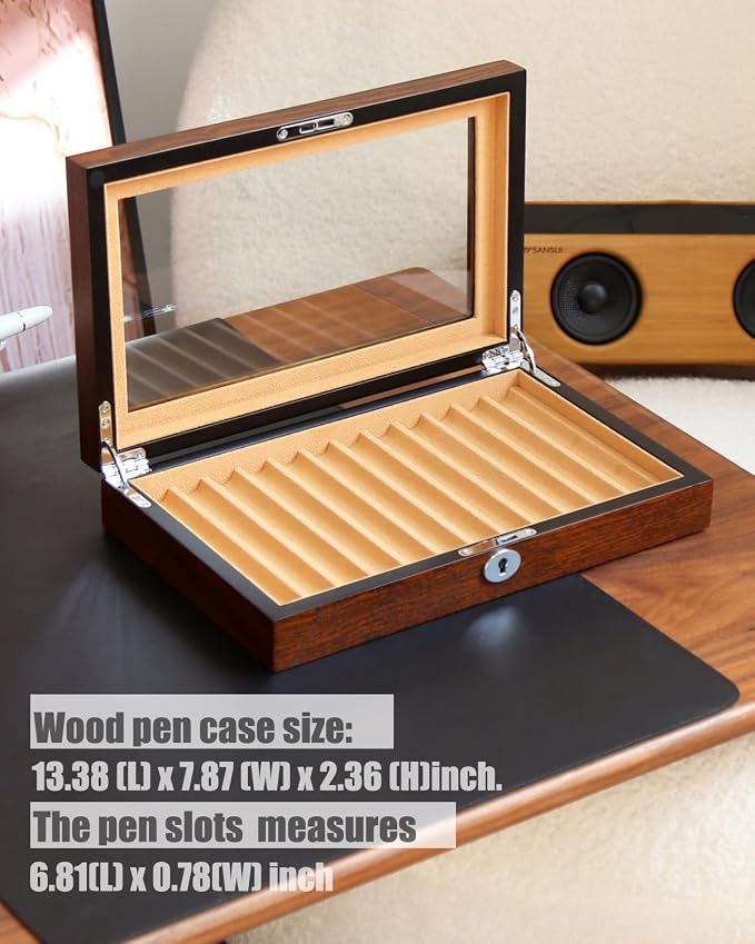 12-Slot Fountain Pen Collector Case – Lockable Wooden Organizer with Glass Display Top, Premium Storage Box for Writing Instruments and Gift for Men - Image 3