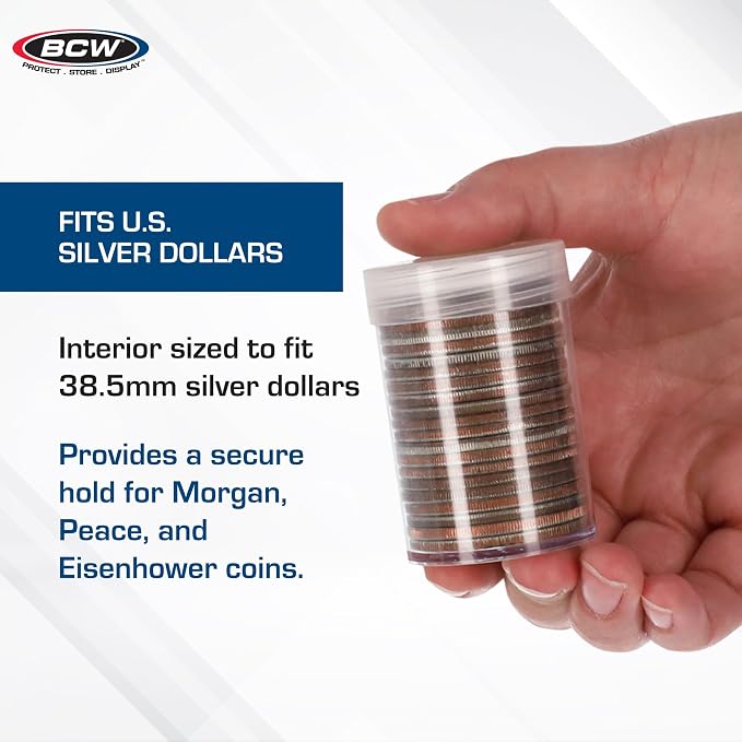 BCW Coin Tubes for Silver Dollars - 98ct | Holds Eisenhower Dollar | Durable Plastic Tube Coin Holders | Coin Collecting Supplies | Coin Storage Tubes with Airtight Lids - Image 4