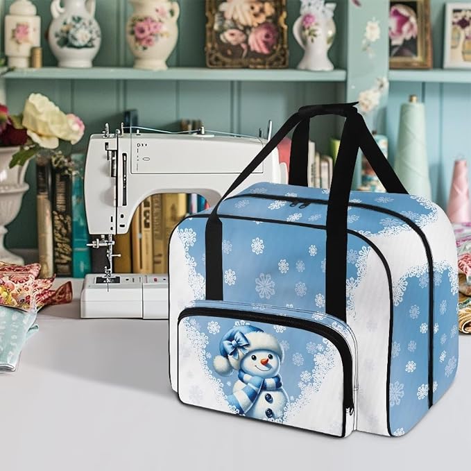 Sewing Machine Carrying Case Universal Appliance Dust Storage Bag Spacious Sewing Machine Accessories Organizer Bag Portable Travel Tote Bag, Snowman Snowflake Blue White - Image 2