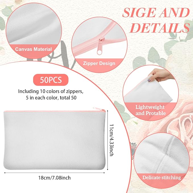 Frienda 100 Pcs Sublimation Blank Canvas Makeup Bags Bulk DIY Heat Transfer Canvas Pen Case Pencil Cosmetic Makeup Bags Clear Sublimation Blank Pouch with Zipper (7 x 4.3 Inch,Mixed Colors) - Image 2