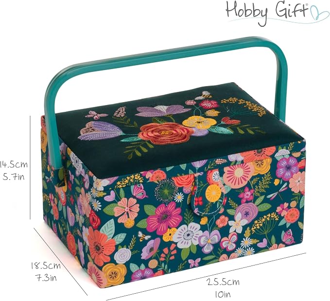 Hobby Gift Medium Sewing Box Organiser, Fabric Covered Storage Box with Handle, Internal Tray, Pin Cushion and Pocket for Sewing, Quilting and Knitting Supplies - Image 6