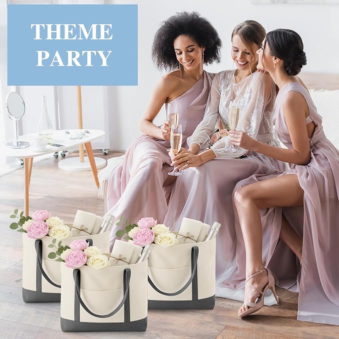 4 Pcs Large Canvas Tote Bags Bulk with Top Zipper Closure, Reusable Grocery Shopping Bags, Bachelorette Party DIY Gifts (21" X 15" X 6",Grey) - Image 7