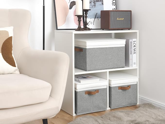 StorageWorks Storage Bins with Lids, Decorative Storage Boxes with Lid and PU Handles, Foldable Storage Baskets for Closet, Shelves, Stackable, Gray and White, Jumbo, 3-Pack | Lidded Dust-proof, Easy Pull Handles, Foldable, Stackable, Ideal for Clothes... - Image 6