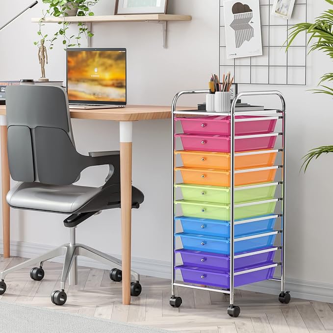DREAMADE Rolling Cart with Storage Drawers, Utility Cart with Removable Plastic Drawers, Lockable Wheels, Art Cart for Classroom Organization Art Supplies Office Scrapbook (10 Drawers, Rainbow) - Image 7