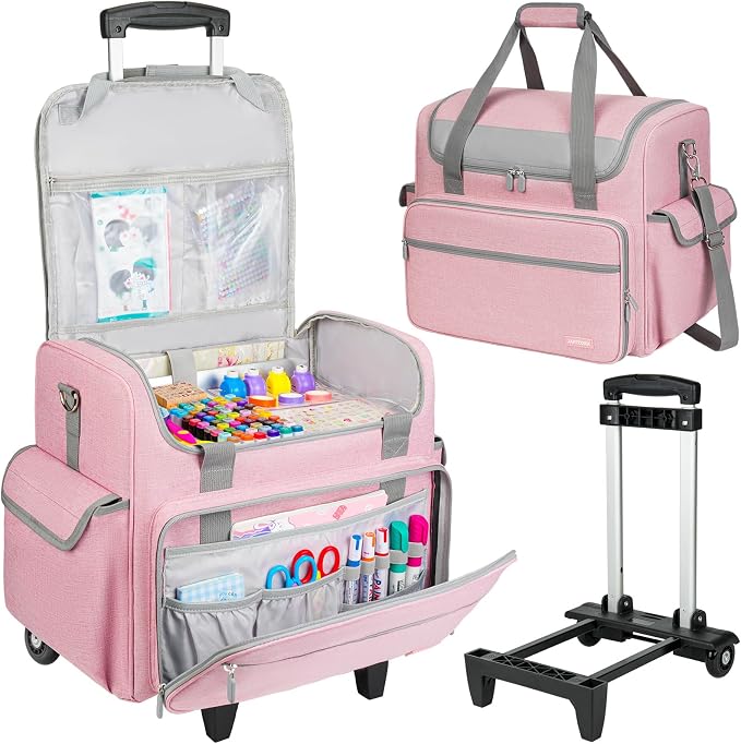 Rolling Craft Bag, Large Craft Bag with Wheels for Scrapbook Supplies | Scrapbook Tote with 15.6'' Laptop Sleeve, Rolling Art Supply Storage for Scrapbooking Tools, Pink (Bag Only) by Jaffzora