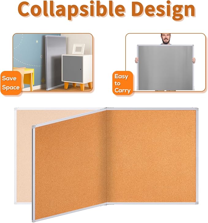 Maxtek Cork Board 96 x 48 in, Large Bulletin Board for Wall Aluminum Framed | 8'X 4' Corkboard Foldable Wall Mount Design, Pin Memo Notice Board for Office, Home, School, and Wall Display, Silver - Image 3
