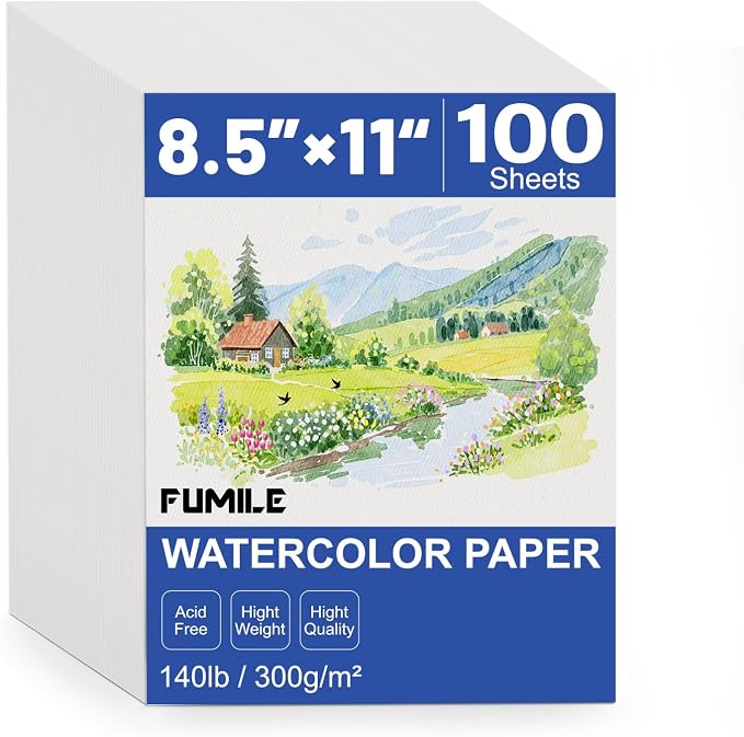 100 Sheets 8.5x11 Inch Watercolor Paper Bulk, 140lb /300GSM White Cold Press Water Color Paper for Kids Adults Artists. Thick Cotton Bulk Watercolor Papers for Art Supplies by FUMILE
