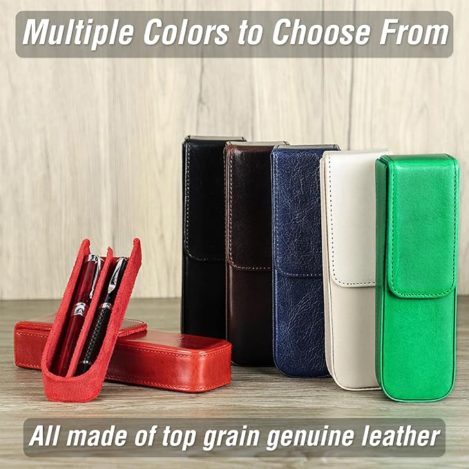 Top Grain Genuine Leather 2 Pen/Pencil Tray Case Holder, Minimalist Fashion Design, Handmade, Magnetic Closing with Drawer Design, Gift Choice for Man/Woman/Office, Glossy Green, 2 Slots - Image 9