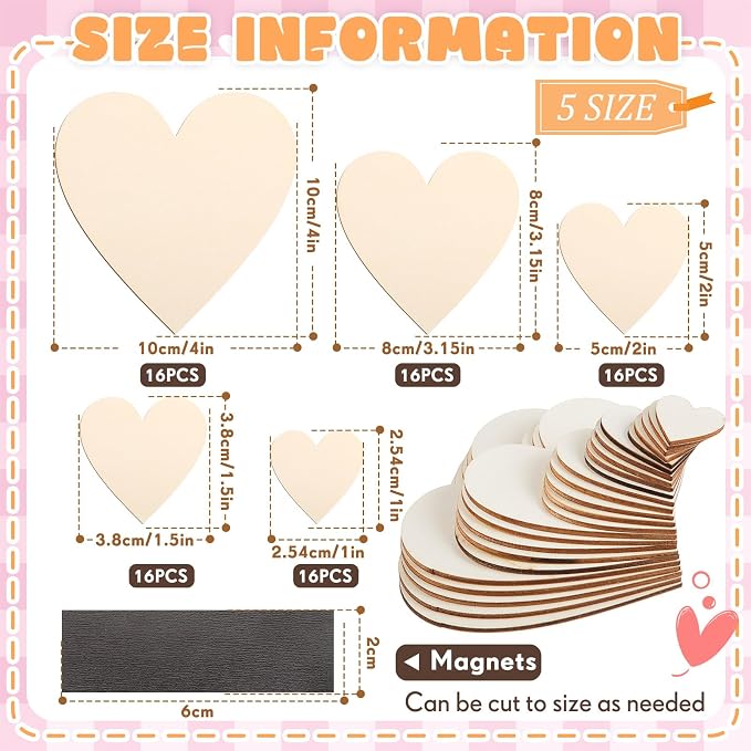 Qunclay 80 Pcs 5 Sizes Wooden Heart Magnets for Crafts, Unfinished Wood Hearts Bulk, DIY Fridge Magnets, for Painting, Gift, Mother's Day, Father's Day, Wedding, Home, Party Decorations - Image 2
