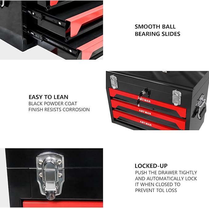 20" 3-Drawer Heavy Duty Portable Steel Tool Box, Lockable Tool Chest Organizer with Top Tray, Ball Bearing Slides, Drawer Liners, Carry Handle & Key Lock for Garage, Warehouse, Workshop - Image 5