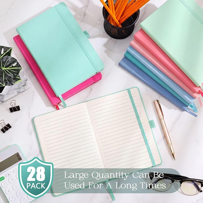Laumoi 28 Pack A5 PU Leather Lined Notebook Journal, Rococo Color,Simple | PU Leather Journals, Wide Ruled 5.5x8.2 Inch, For School Business Work Writing, Bulk Ideal for Classroom Office Supplies - Image 4