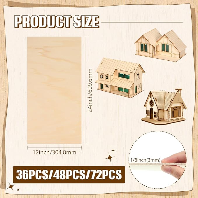 Riakrum Basswood Sheets Plywood Board Unfinished Wood Boards for Crafts for DIY Laser Projects Architectural Mini House Building Hobby Model Making(12 x 24 x 1/8 Inch,48) - Image 3