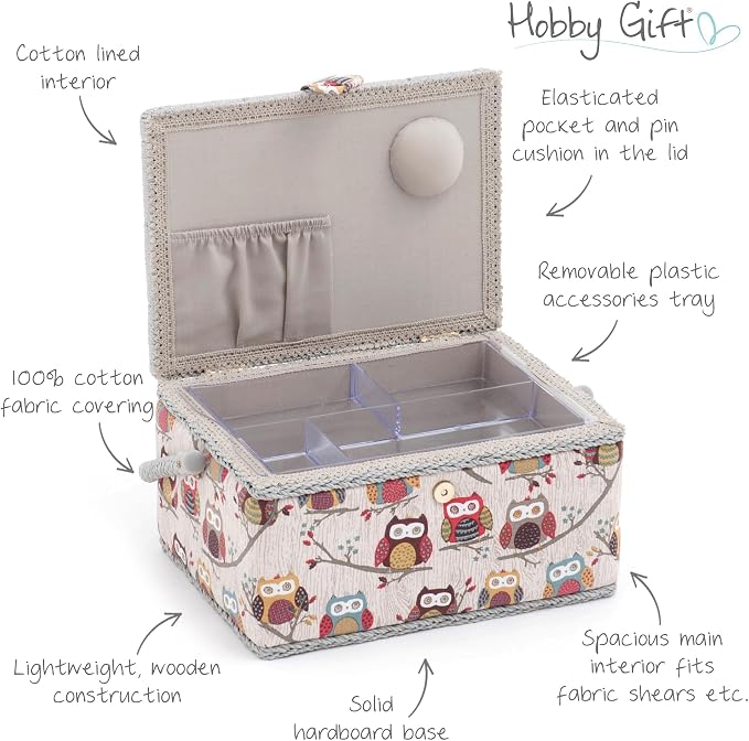 Hobby Gift Medium Sewing Box Organiser | Fabric Covered Storage Box, Handle, Internal Tray, Pin Cushion and Pocket, For Sewing, Quilting and Knitting Supplies - Image 3