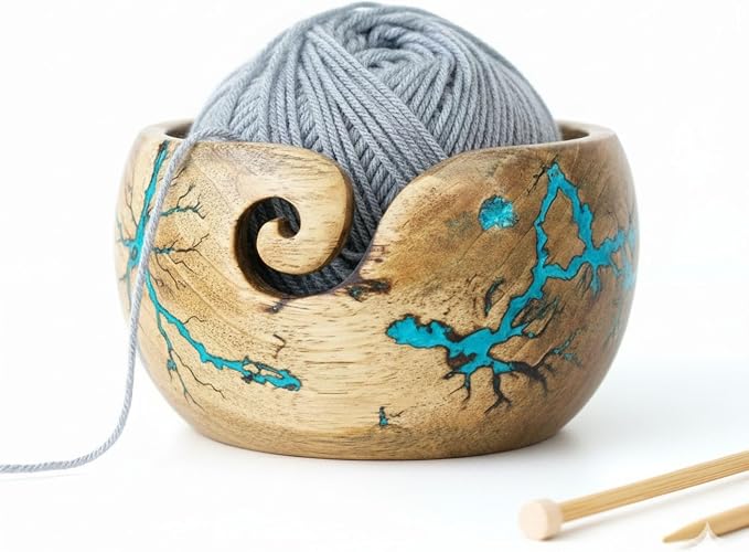 Lichtenberg Figure Yarn Bowl - Handmade Wooden Yarn Bowl for Knitting Yarn Ball Holder - Yarn Bowls with Holes Crochet Bowl Holder - Yarn Storage Bowl 7" x 4" inches (SB-Yarn Bowl) by meritwoodencraft